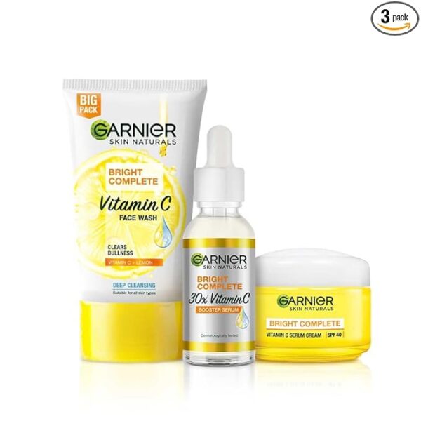 Garnier Bright Complete Vitamin C Brightening Regime Kit for Skincare | Cleanse, Treat and Seal | Reduces Dark Spots, Face Wash + Serum + SPF 40 Serum Cream, for all skin types, For Men and Women