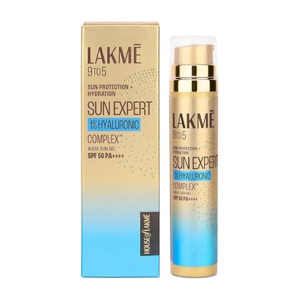 LAKMÉ Sun Expert 1% Hyaluronic water-light Sunscreen gel SPF 50 Pa++++ Best for Oily Skin | Even toned & Glowing Skin | Non-Sticky| Helps reduce pigmentation | UVA/B Protection, No White Cast 56G