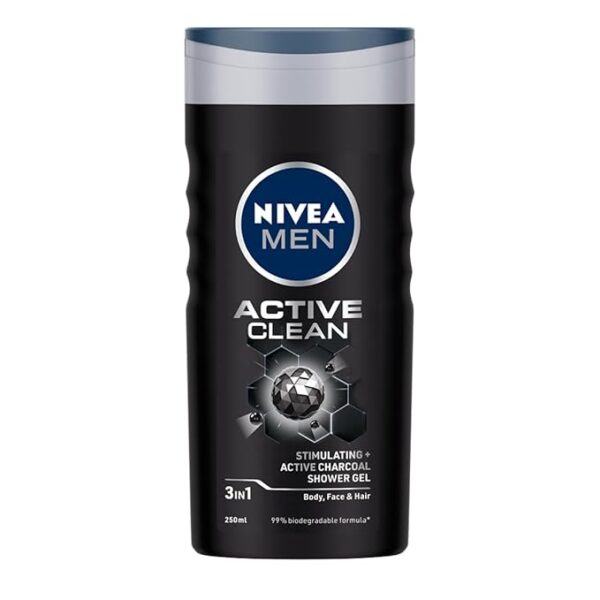 NIVEA Men Body Wash, Active Clean with Active Charcoal, Shower Gel for Body, Face & Hair, 250 ml