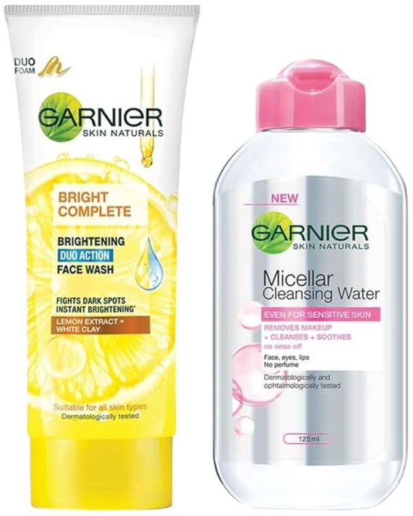 Garnier Skin Naturals, Micellar Cleansing Water, 125ml and Garnier Skin Naturals Light Complete Duo Action Facewash, 100g