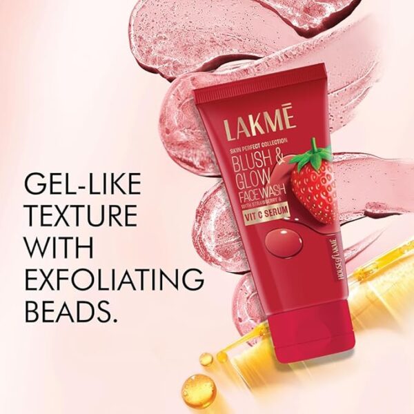 Lakme Blush & Glow Exfoliating Face Wash with Vitamin C Serum, Hydrating and Gentle Facewash with Strawberry Fruit Extracts, 150gm