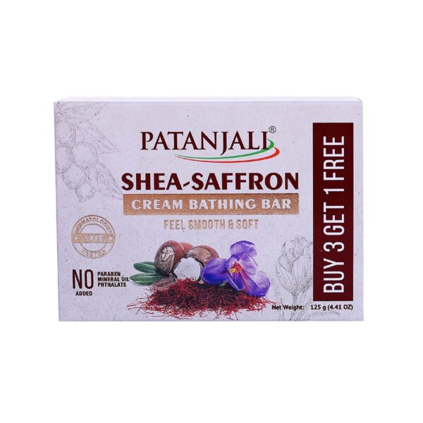 Patanjali Shea Saffron Body Cleanser Natural Body Cleansing Soap for Men & Women Bathing Bar for Glowing, Smooth & Soft Skin 125 gm Pack of 4 (3+1)