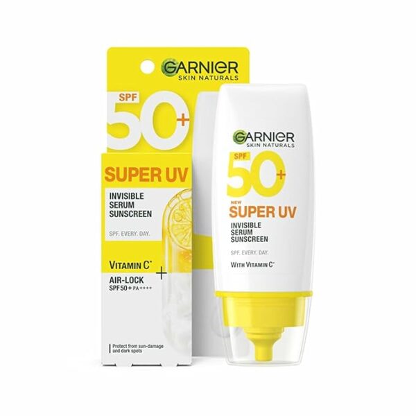 Garnier Super UV Invisible Serum Sunscreen SPF 50 PA++++ UVA/B for Broad Spectrum | Lightweight with Vitamin C | No White Cast | For All Skin Types (Oily, Dry, Acne-prone) | For Men & Women 30ml