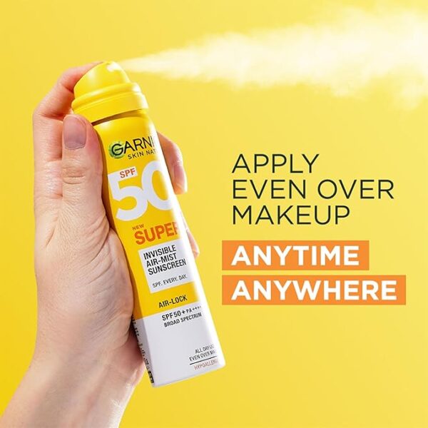 Garnier SuperUV Invisible Air Mist Sunscreen SPF50 PA++++ UVA/B for Broad Spectrum | Application over Makeup Sunscreen Spray | No White Cast | For All Skin Types | Lightweight | For Men & Women 75ml